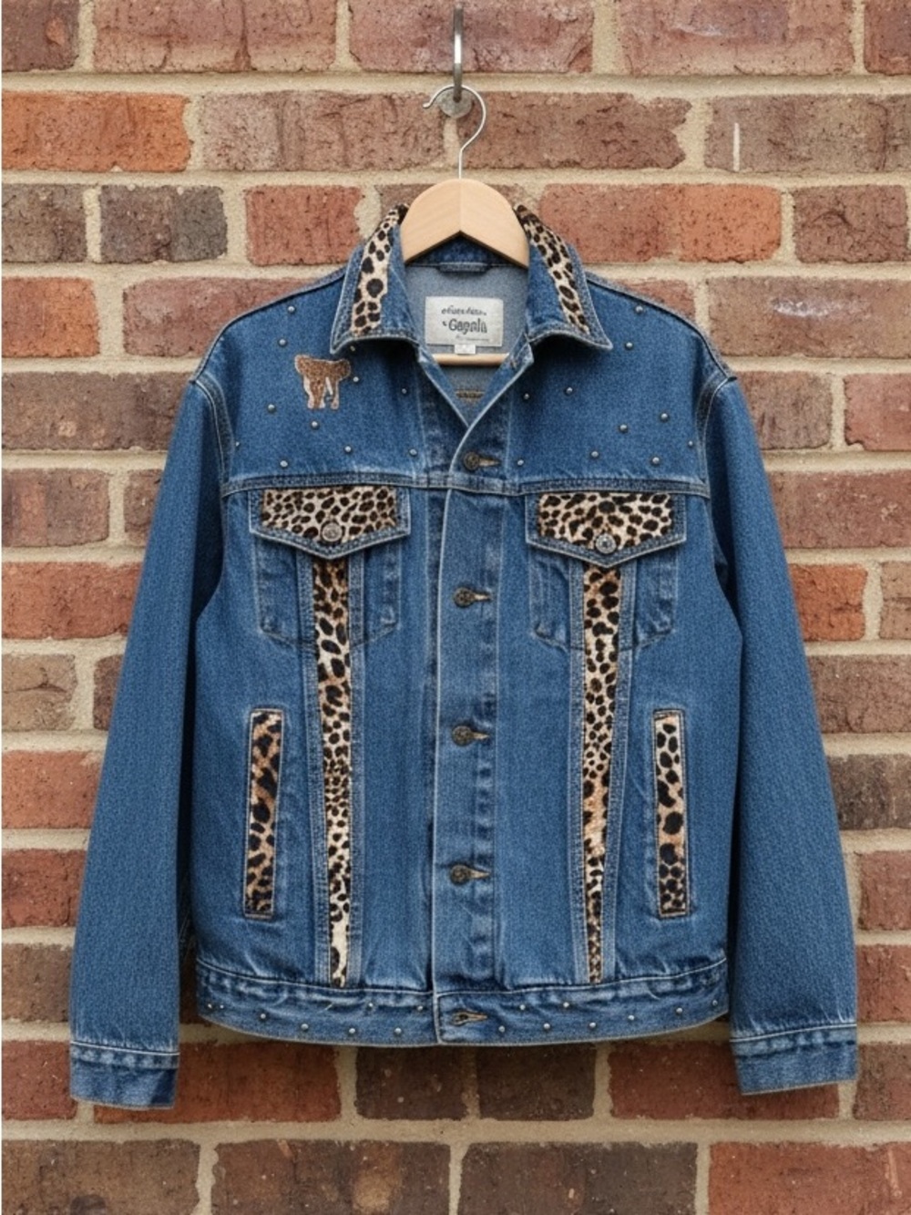 VTG Gepetto Denim Jacket Oversized Animal Print Studded Size M